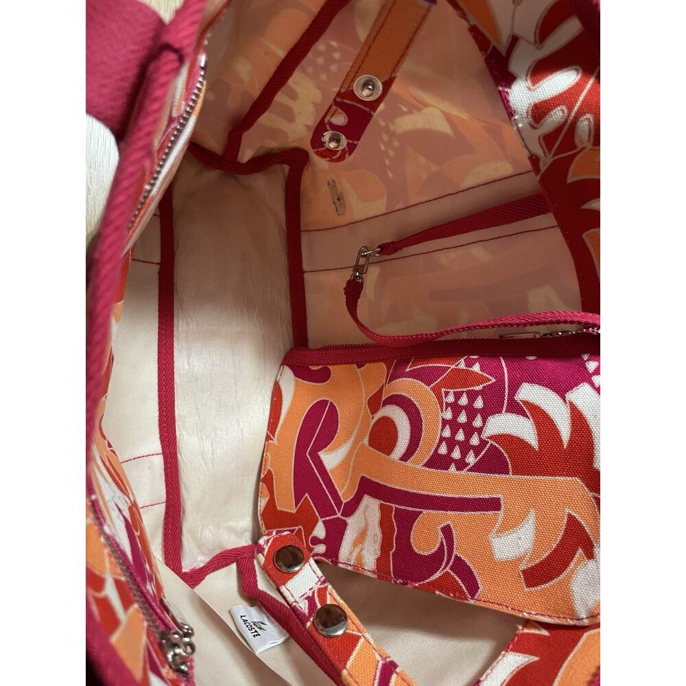 Lacoste Canvas Beach Tote Bag Tropical Pink Orange Shopper w/ Zip Pouch - Picture 7 of 14